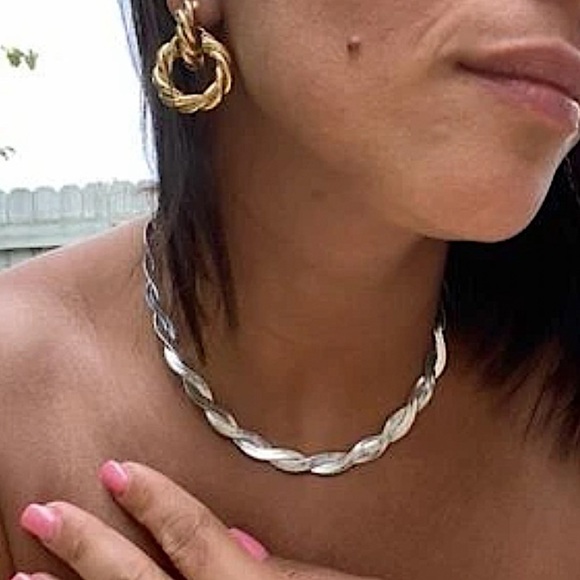 Twisted Braided Sterling Silver Herringbone Flat Snake Choker Necklace - Picture 6 of 10